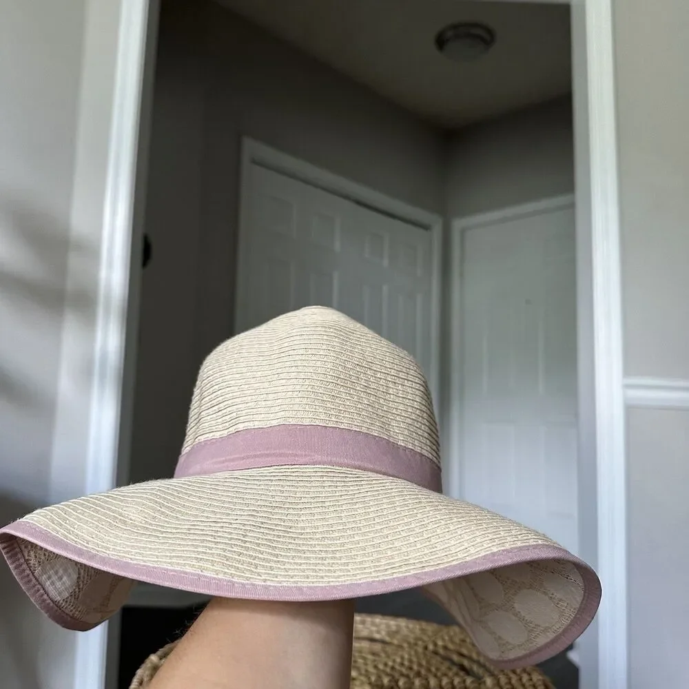 Saks Fifth Avenue Cream Beige Wide Brim Sun Beach Hat Boho Dusty Pink Packable